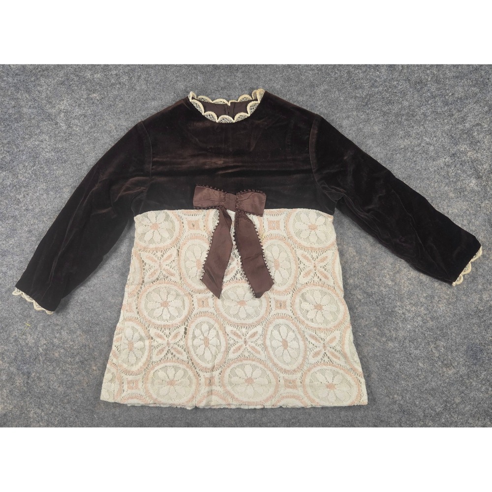 Vintage Tiny Town Girls Brown Velvet Cream Lace Bow Dress *See Measurements*